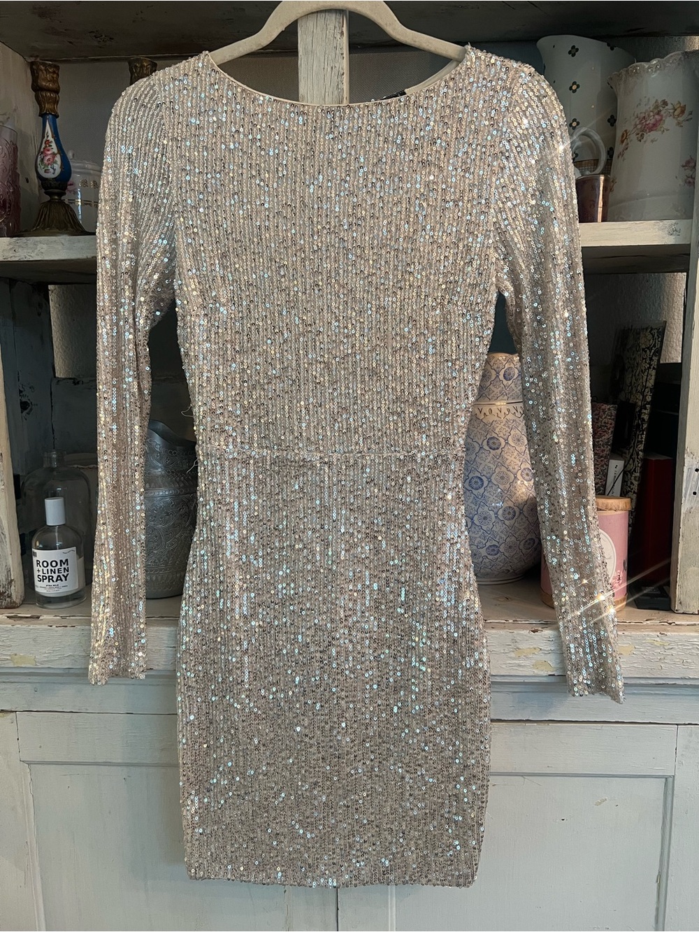 Windsor Champagne Sequin Long-Sleeve Sheath Dress Size Small worn 1 time !!!!!